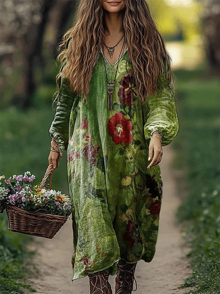 Women's Vintage Floral Art Pattern Print Loose V Neck Pocket Cotton Dress