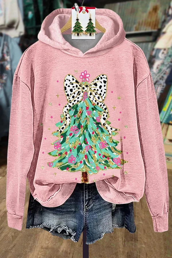 Bow Christmas Tree Print Hoodie Sweatshirt