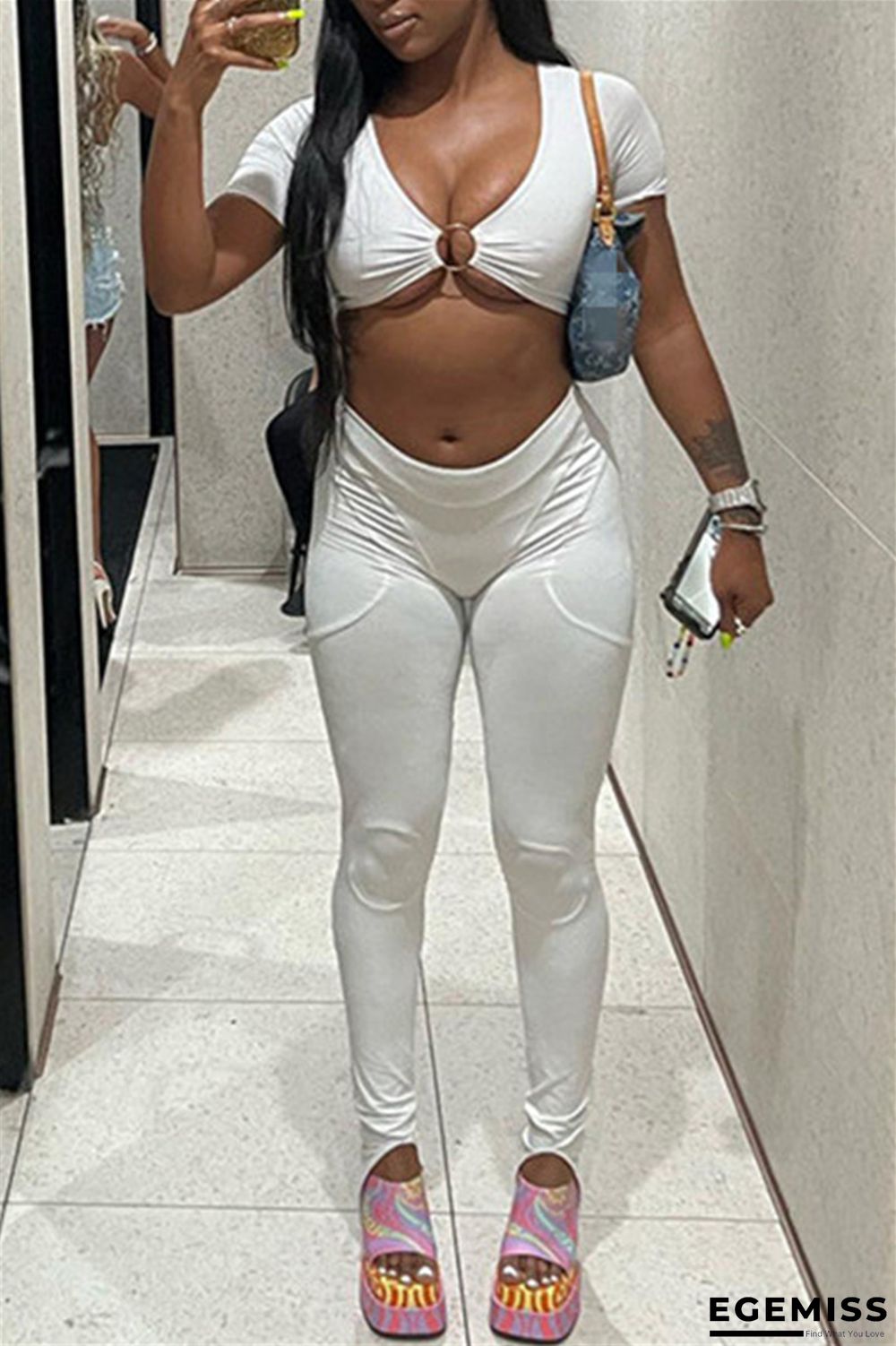 Cream White Sexy Casual Solid Patchwork V Neck Long Sleeve Two Pieces | EGEMISS