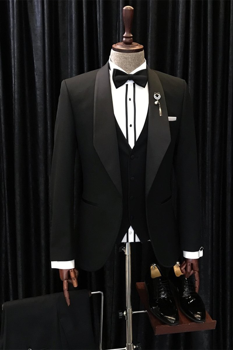 Black Luxurious Shawl Lapel Three Pieces Wedding Suits | Ballbellas Ballbellas