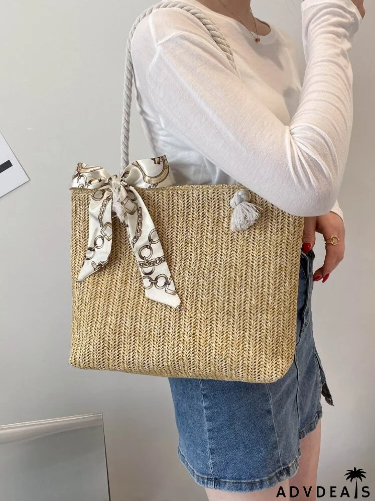 Scarf Decor Straw Tote Bag