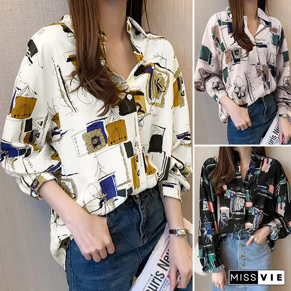 Blouse Women Retro Female Printed Single-breasted Spring Button Straight Long-sleeve Vintage Shirt Top