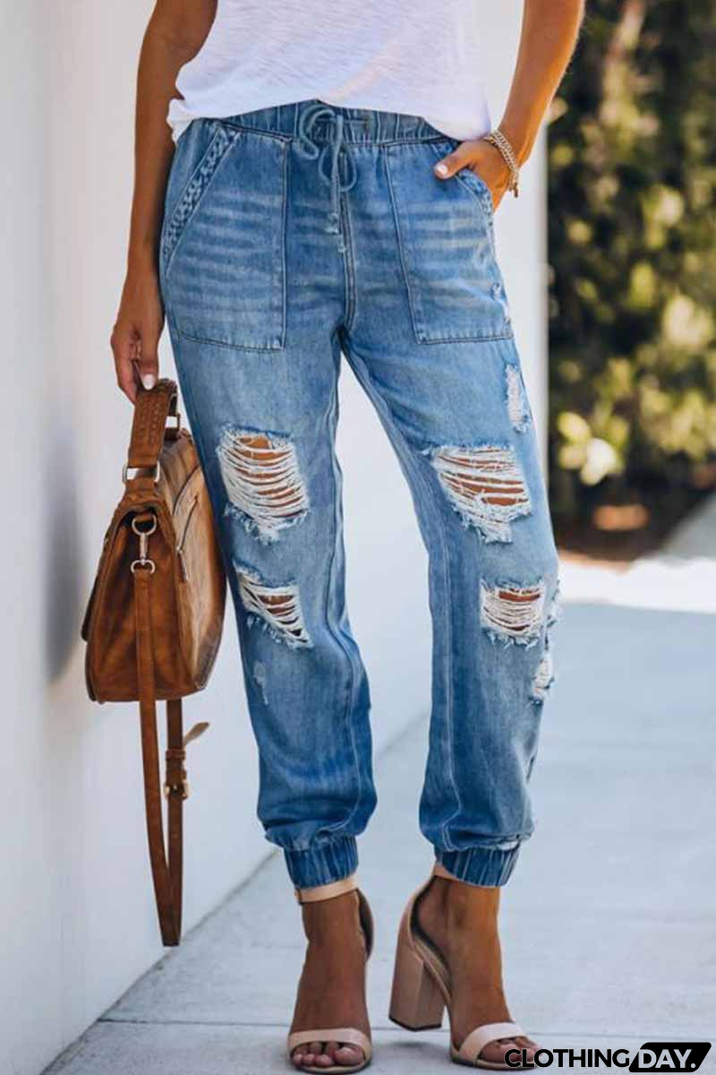 Adjustable Waist Ripped Loose Jeans