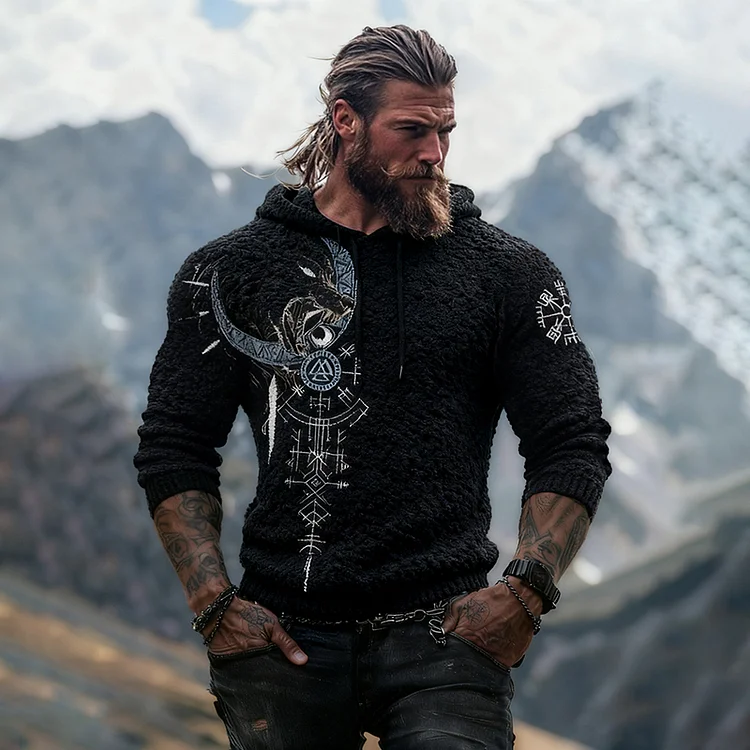 Viking Wolf Runes Design Men's Flannel Hoodie Sweater