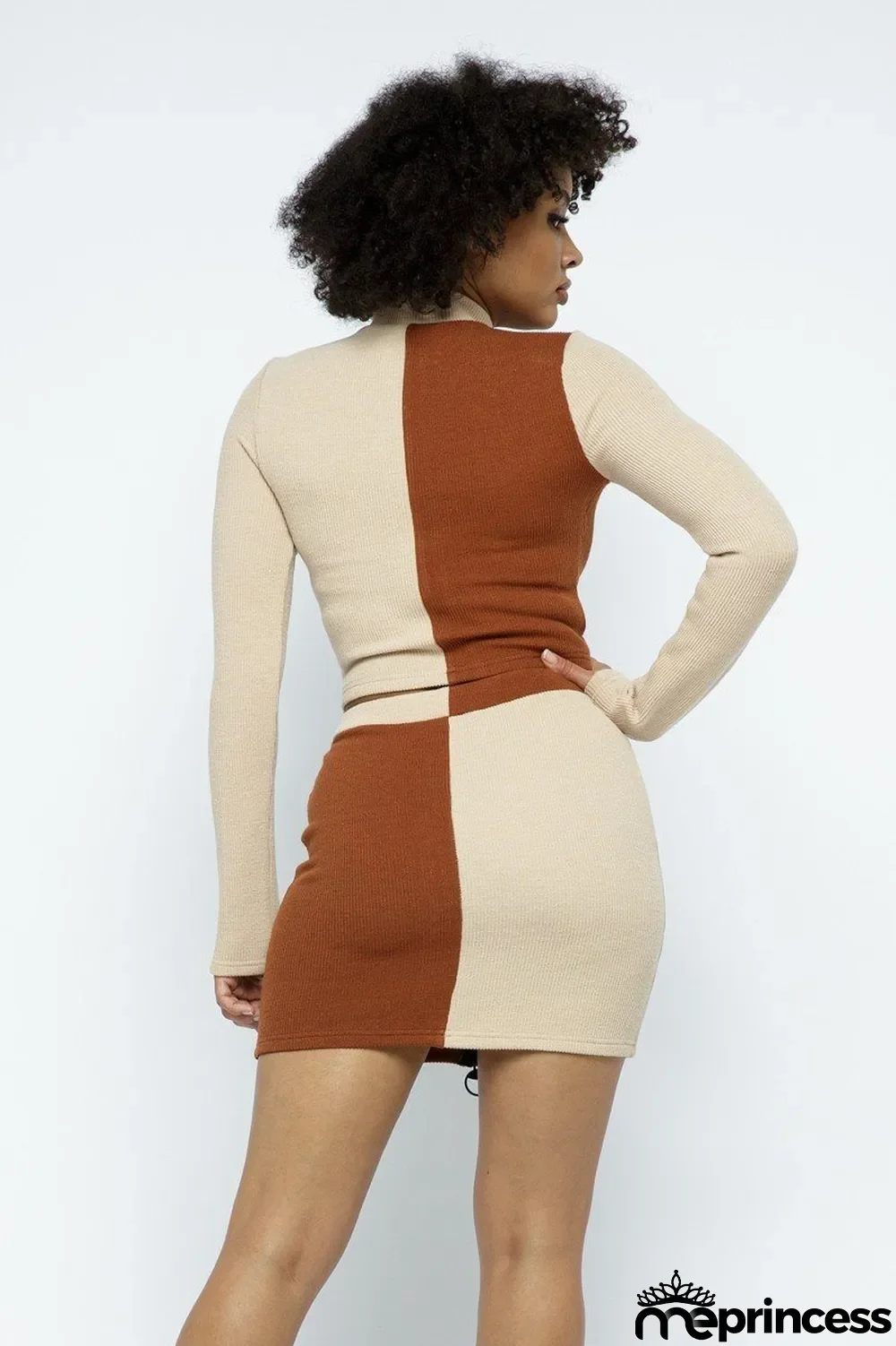 Fashion Splice Long Sleeve Mini Skirts Two Piece Set