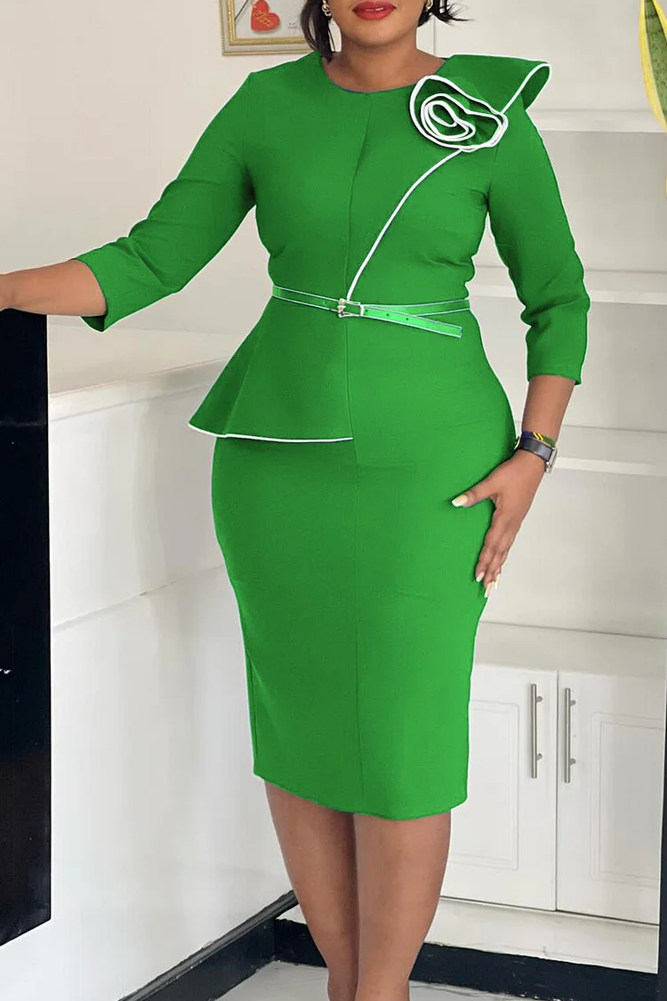 3/4 Sleeve Contrast Trim Belted Bodycon OL Style Midi Dresses-Green