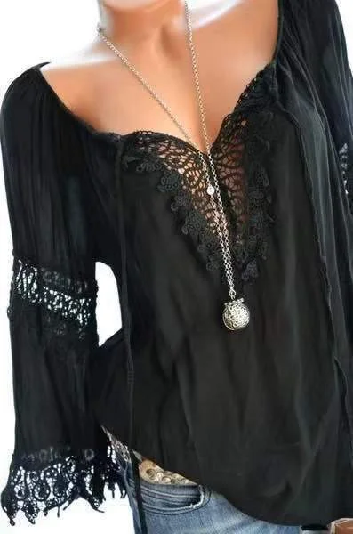 Large Size Women Openwork Lace Long-Sleeved Blouse Solid Color Large V-Neck Casual Tops
