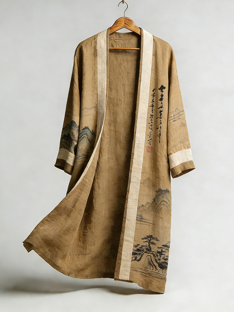 Japanese Landscape Painting Linen Flowing Kimono  artssus