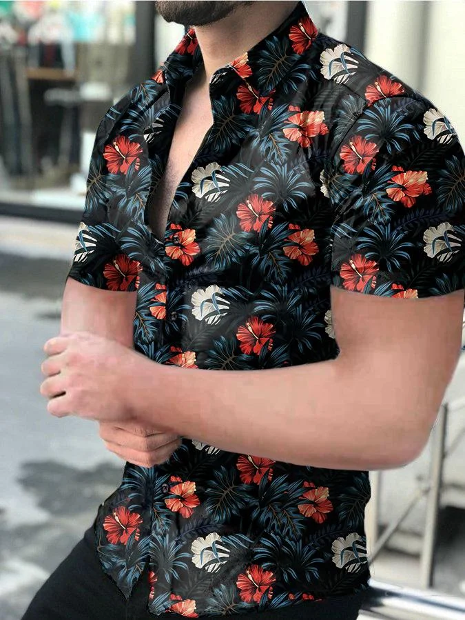 Simple Texture Men's Floral Print Short Shirt