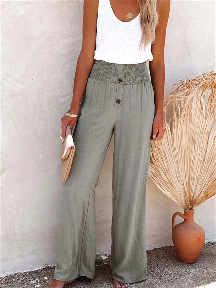 Women's Spring and Summer New Women's Pants Solid Color Cotton and Linen Elastic Loose Casual Wide-legged Women's Pants-JRSEE