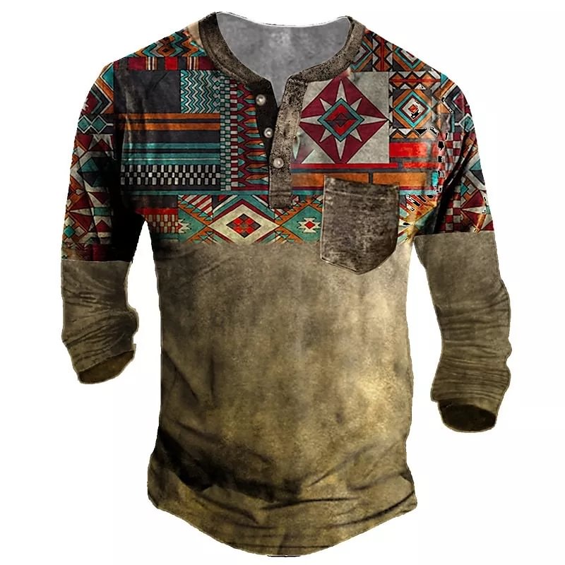Men's 3D Print Graphic Patterned Color Block Argyle Henley Button-Down Long Sleeve T-Shirt