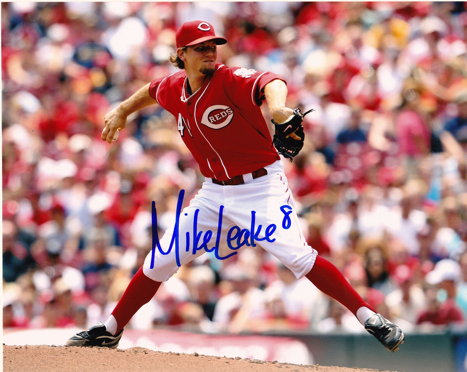 MIKE LEAKE CINCINNATI REDS ACTION SIGNED 8x10