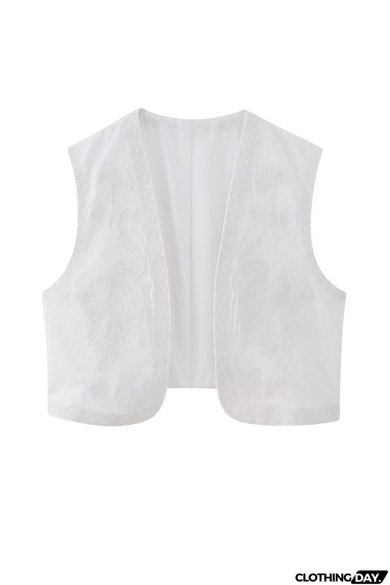Vintage Floral Embroidery Open Front Vest