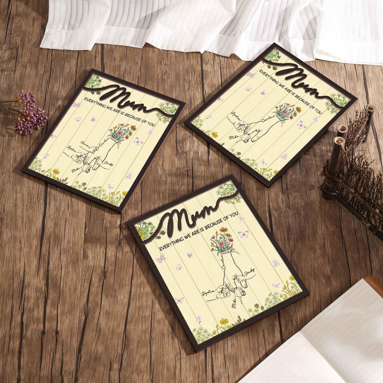 Personalised 4 Names Wooden Plaque Holding Mum's Hand Desktop Decoration With Stand - EVERYTHING WE ARE IS BECAUSE OF YOU-Jessemade AU