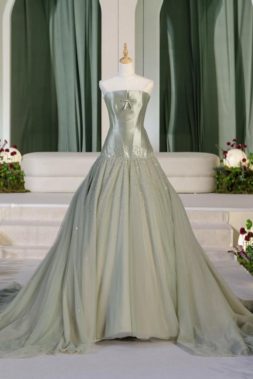 Lussooy Satin Amazing Dusty Sage Strapless Sleeveless Tulle Long Prom Dress with Beadings 