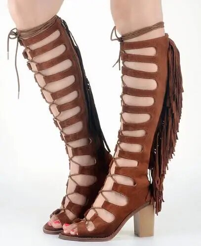 VCSHOES Fringe Gladiator Sandals Women Cutouts Knee High Boots Suede Leather Thick High Heels Dress Shoes Woman