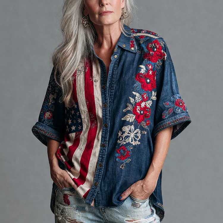 U.S. 250th Anniversary Flowers Boho Art Print Casual Shirt