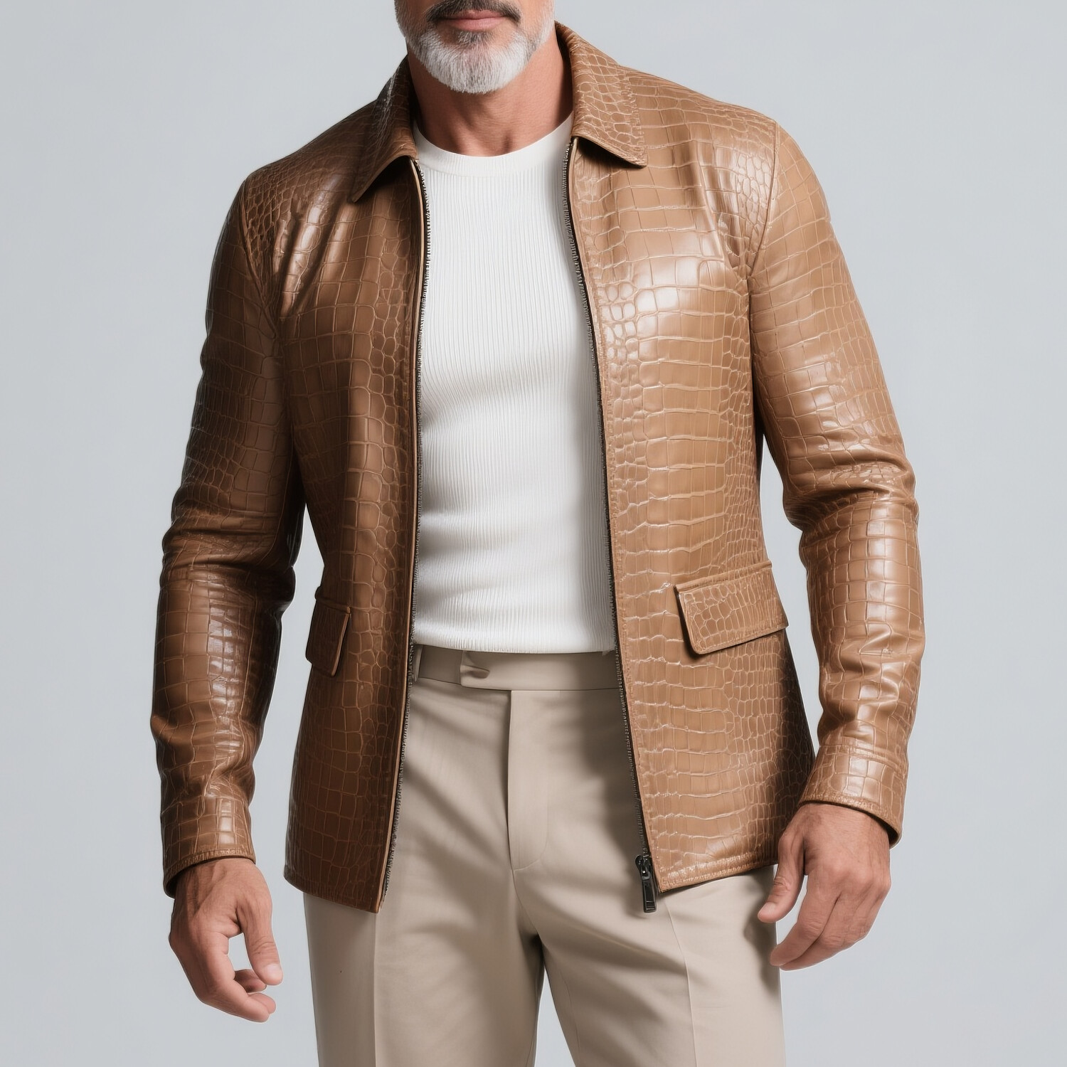 Men's Vintage Shirt Collar Crocodile Pattern PU Leather Zip Up Jacket