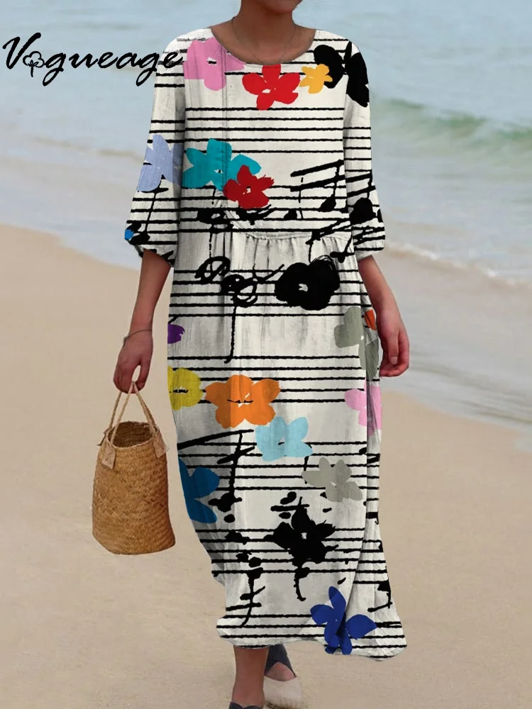 Simple And Comfortable Stave Flowers Printed Women's Casual Cotton And Linen Dress