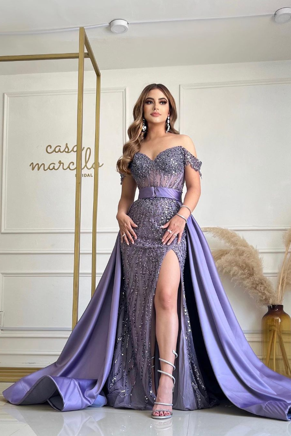 Ovlias Charming Purple Off-the-shoulder Sequin Prom Dresses with High Slit CL0032