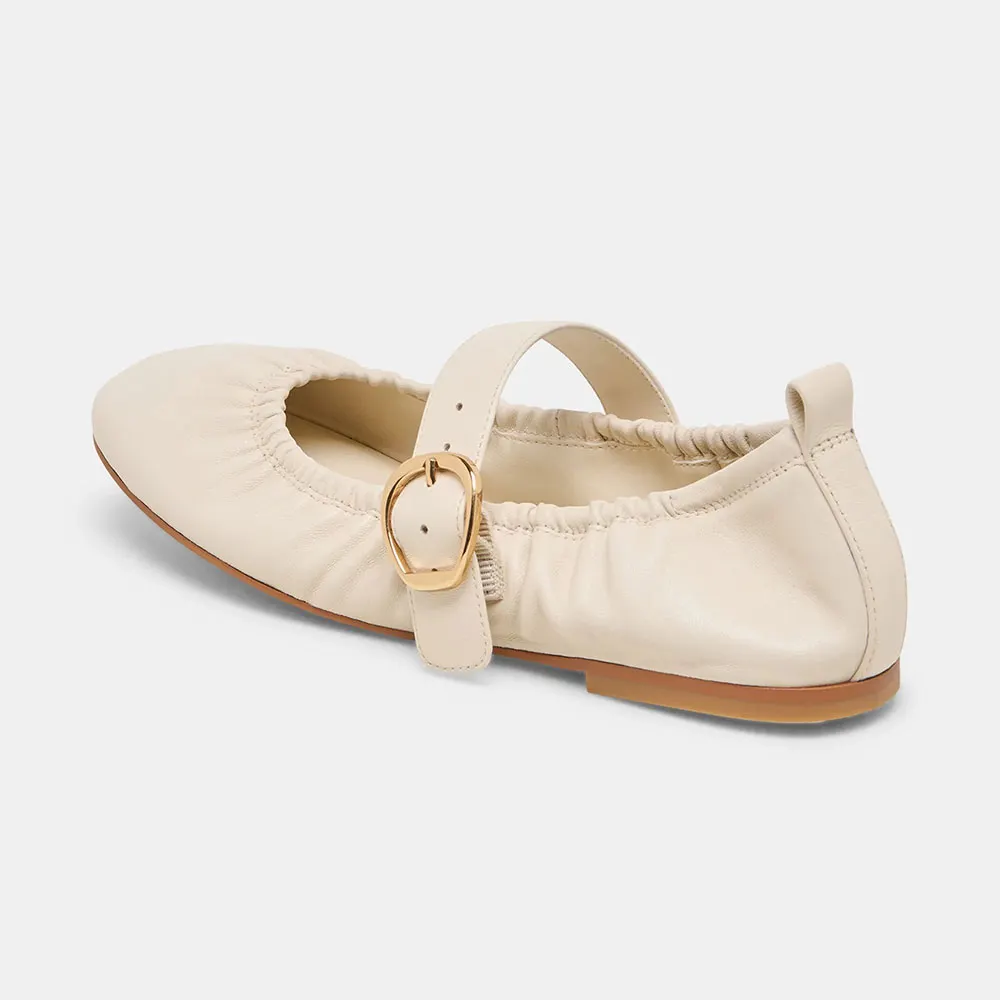 Ivory Faux Leather Round Toe Buckle Strap Flat Shoes for Women