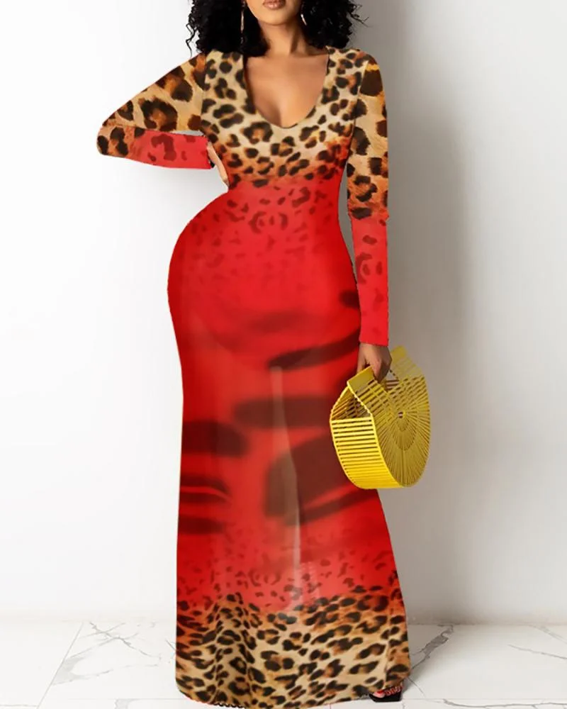 Cheetah Print Colorblock Long Sleeve Maxi Dress
