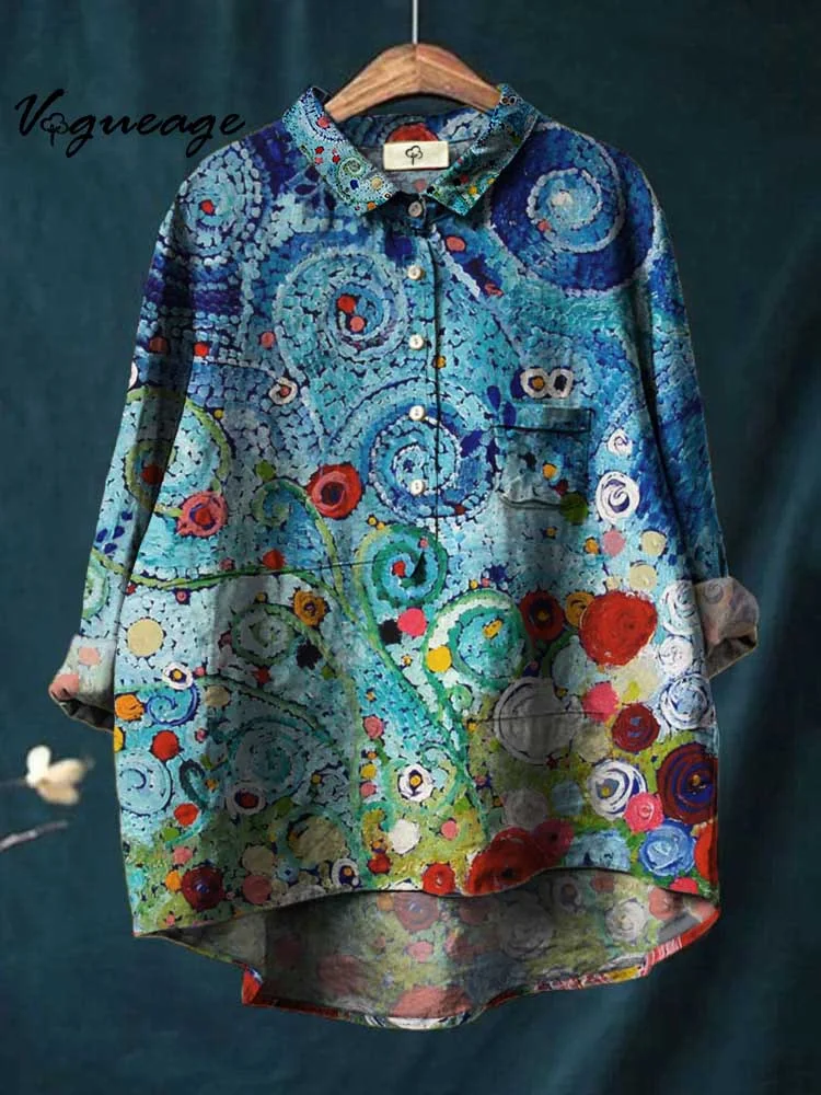Fashionable Colorful Plants Printed Cotton And Linen Shirt
