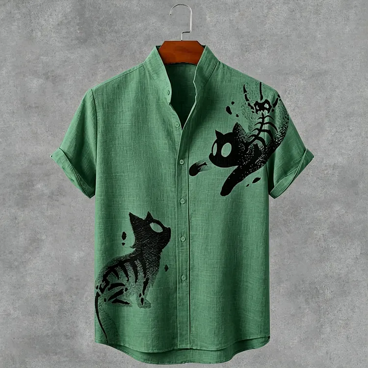 Men's Retro Ink Painting Cat Art Pattern Casual Shirt