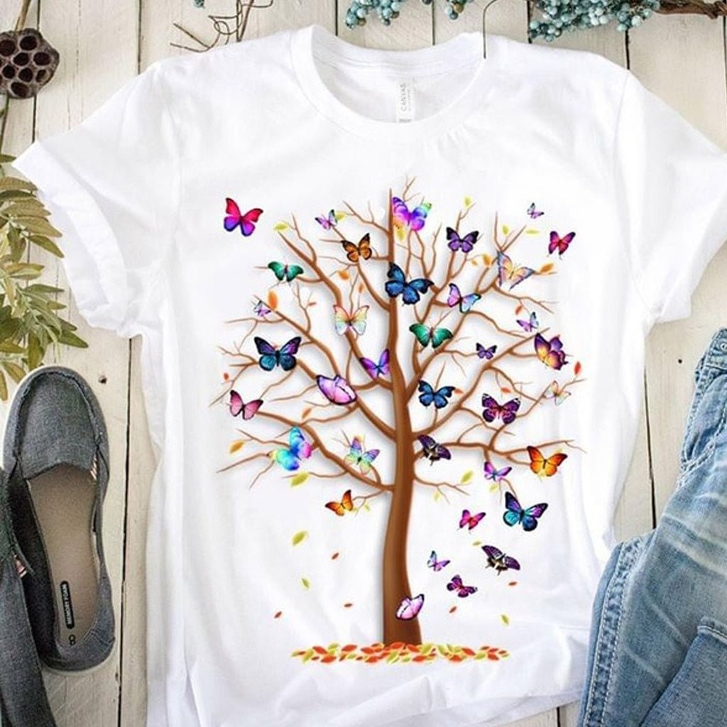 3D Butterfly Tree Print Women T-shirt Summer Casual 90s Harajuku Funny Tshirt Female Soft Short Sleeve Tops,Drop Shipping