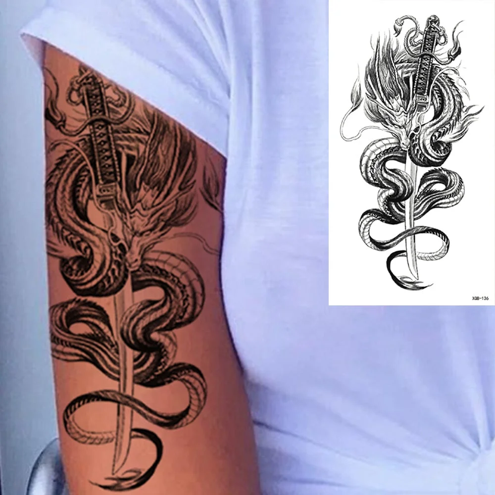 Waterproof Temporary Tattoo Sticker Snake Dragon Rose Flower Flash Tattoos Eagle Skull Body Art Arm Fake Sleeve Tatoo Women Men