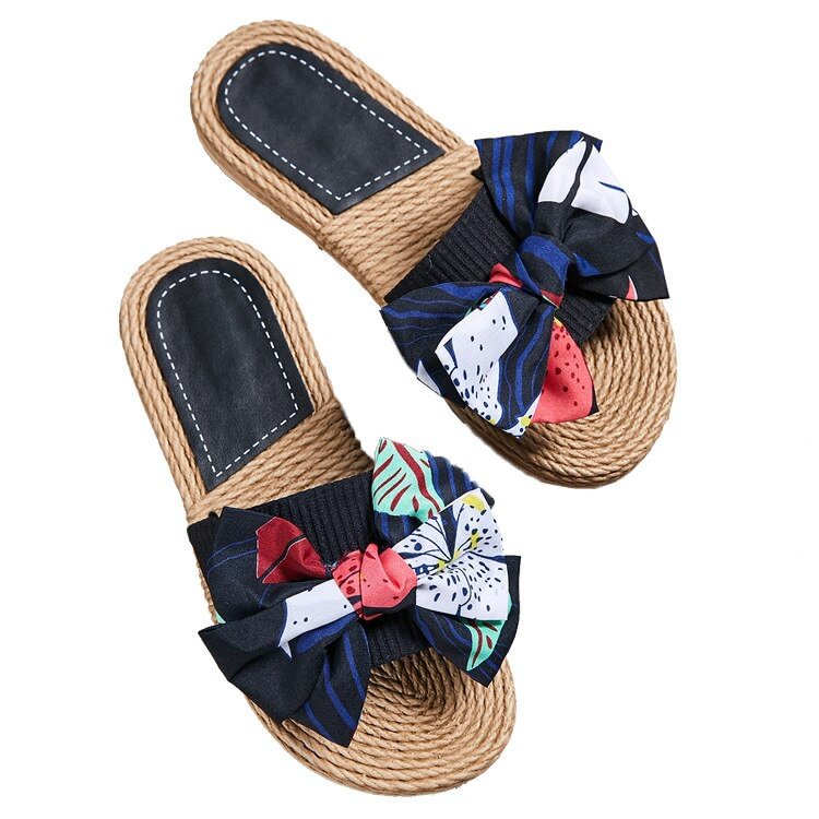 Women Summer Home Slippers Graffiti Bow Shoes New Casual Flax Slides One Word Belt Linen Slippers Ladies Flip Flops Sandal hy441