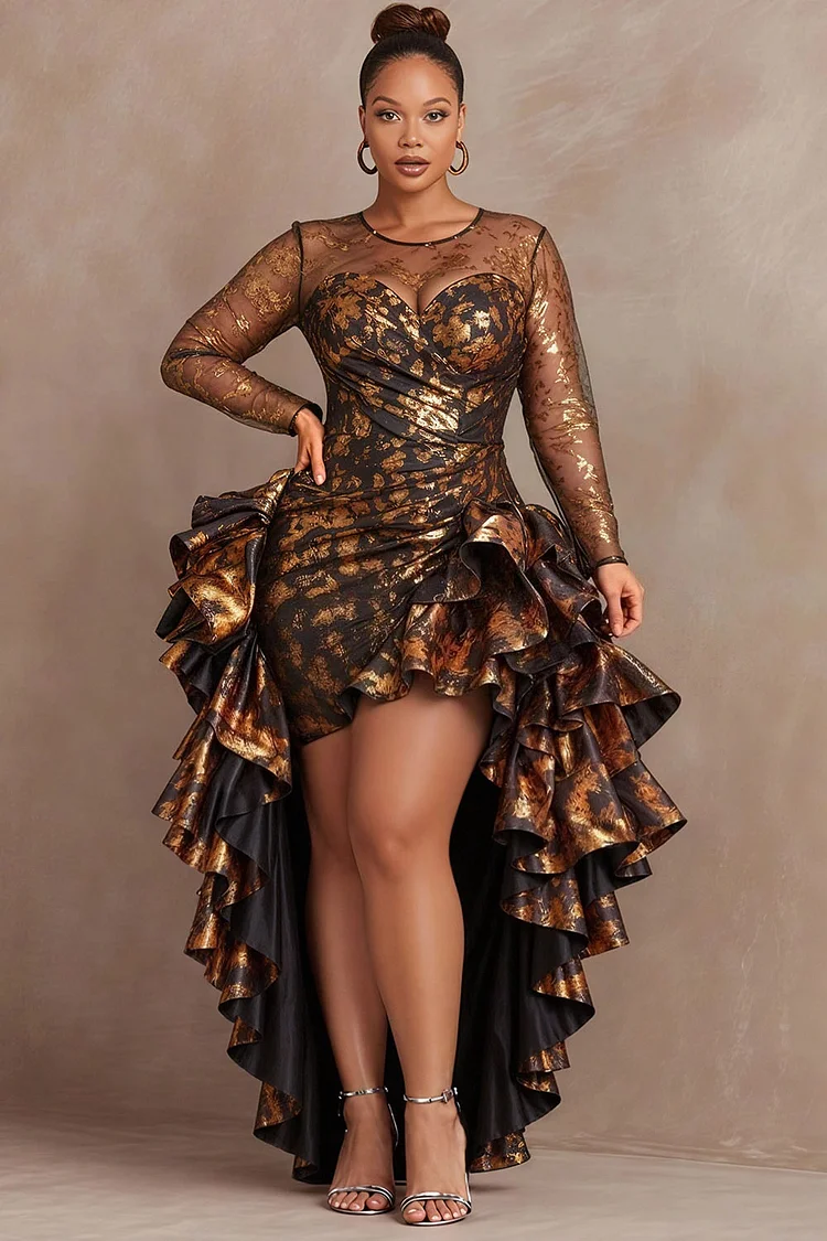 Xpluswear Design Plus Size Cocktail Party Gold Round Neck Long Sleeve Ruffle Elegant High Low Hem Mini Dresses 2024 - Xpluswear