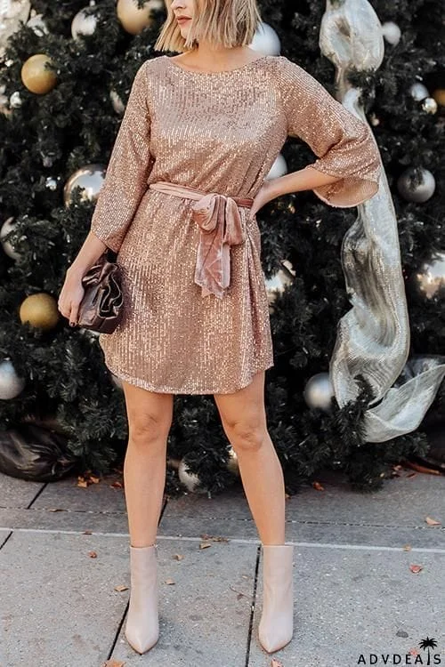 Sequin Belted Long Sleeve Mini Dress