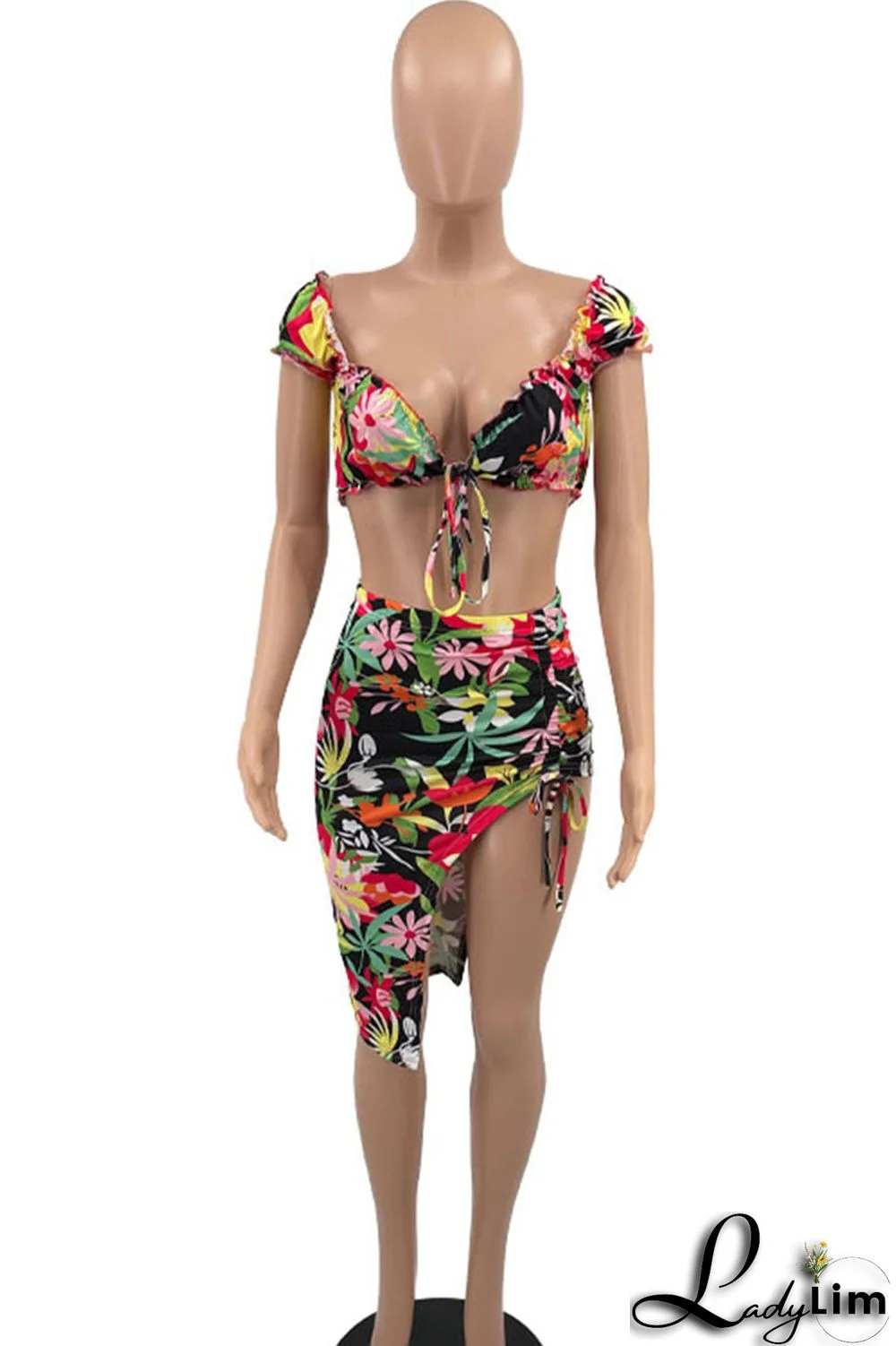 Red Sexy Sweet Print Bandage Patchwork V Neck Short Sleeve Two Pieces