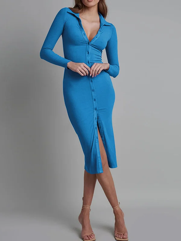 High Waisted Long Sleeves Buttoned Solid Color Lapel Midi Dresses