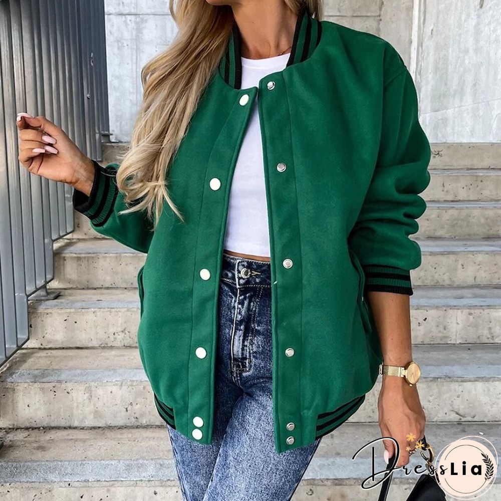 Fashion Contrast Woolen Jacket Women Casual Long Sleeve O Neck Single Breasted Coats Ladies Autumn Loose Pocket Baseball Uniform