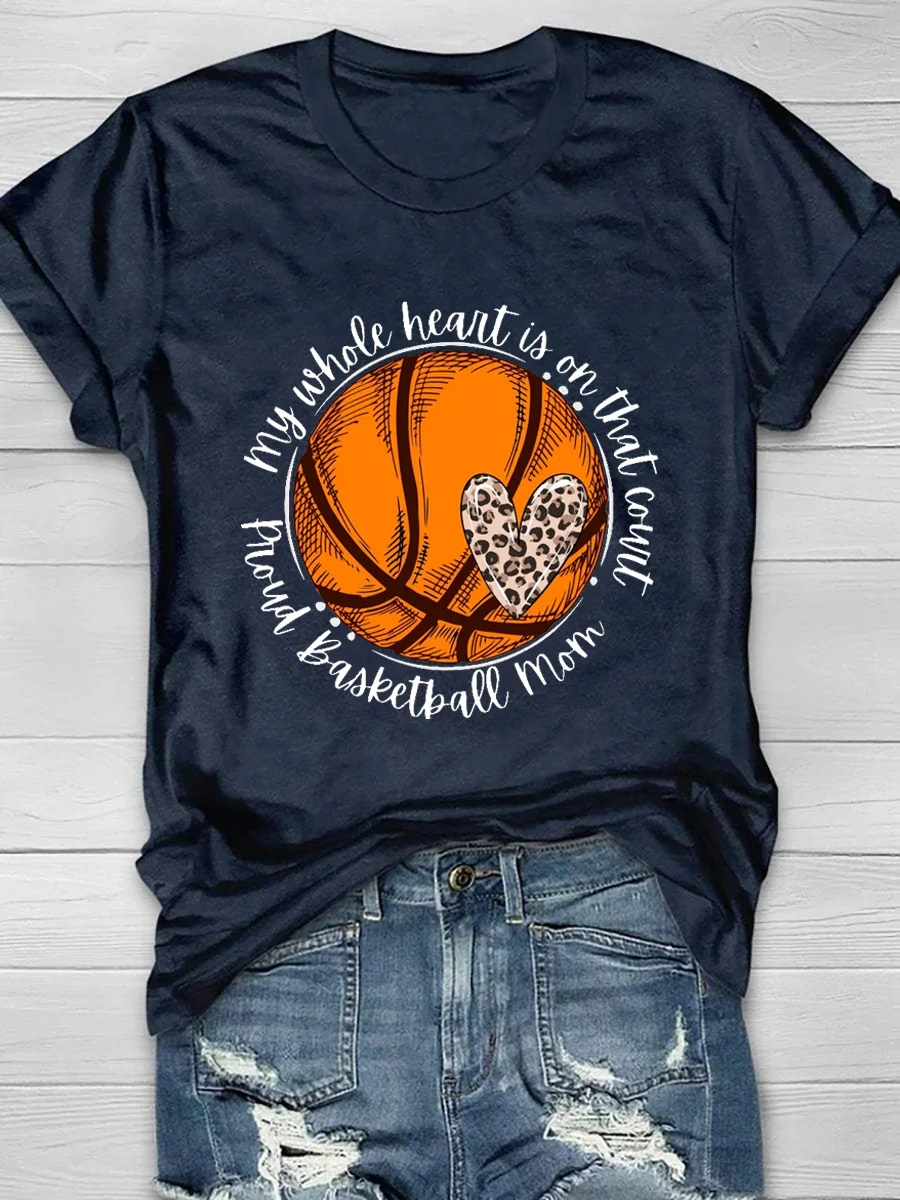 Basketball Leopard Heart Print Short Sleeve T-Shirt