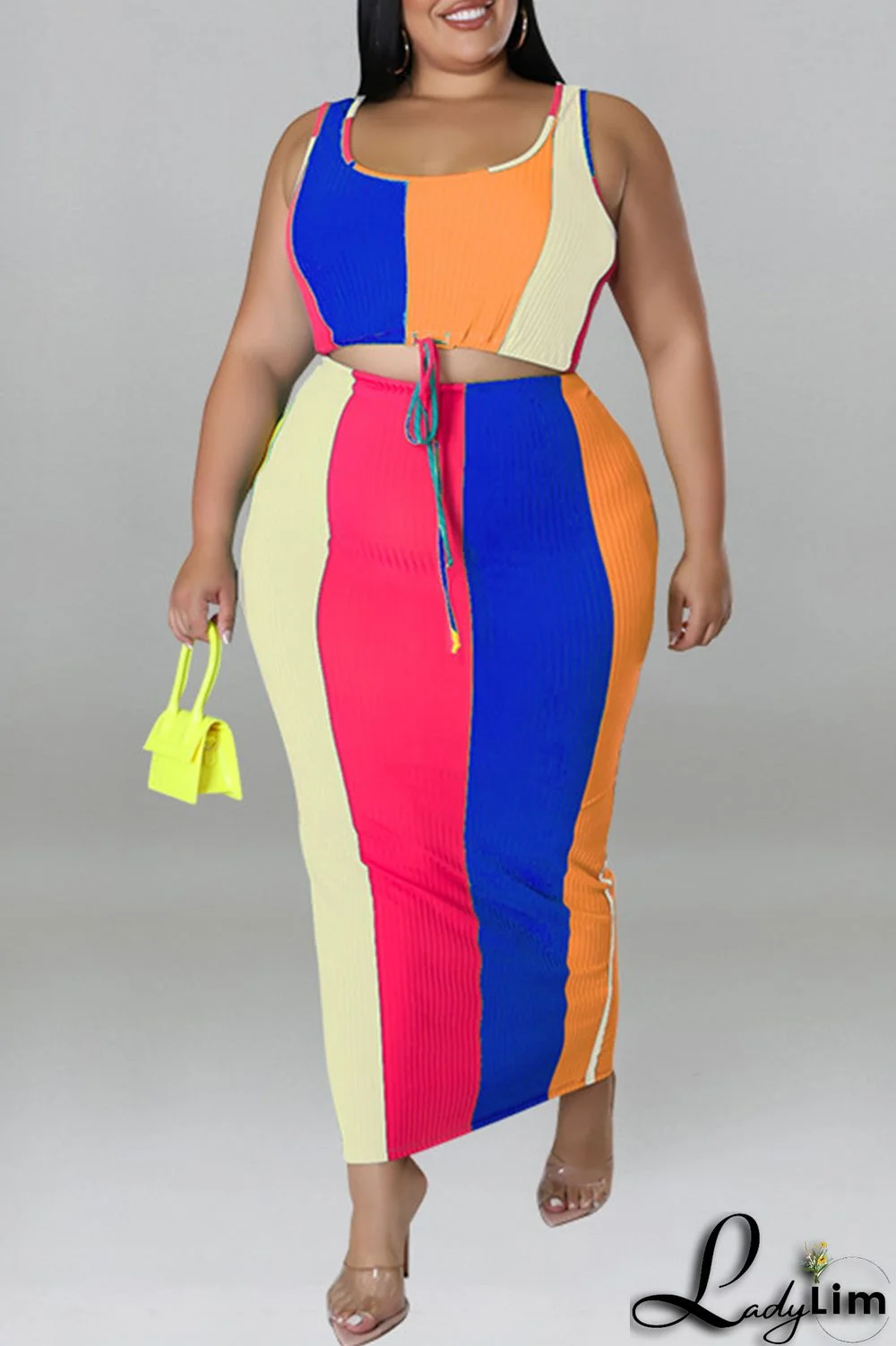 Blue Fashion Casual Striped Print Patchwork Contrast U Neck Plus Size Two Piece Set