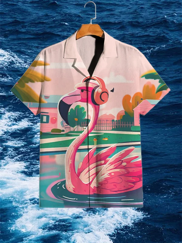 Men's Flamingo Listening To Music Vacation Art Print Shirt
