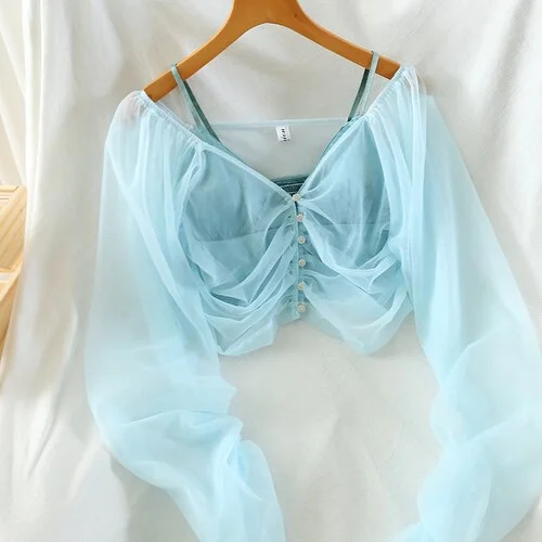 Nigikala Summer Blouses Elegant V-neck Gauze See Through Shirts Tank Two Pieces Sets Female Crop Tops Fashion Blusas Mujer