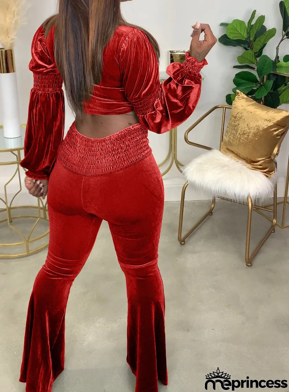 Fashion Letter Print Princess Sleeves Slim-Waist Flare Pant Suits