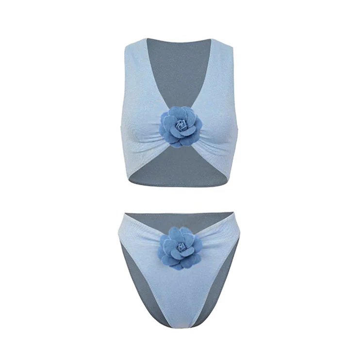 3D Flower V Neck Bikini Swimsuit and Sarong Flaxmaker