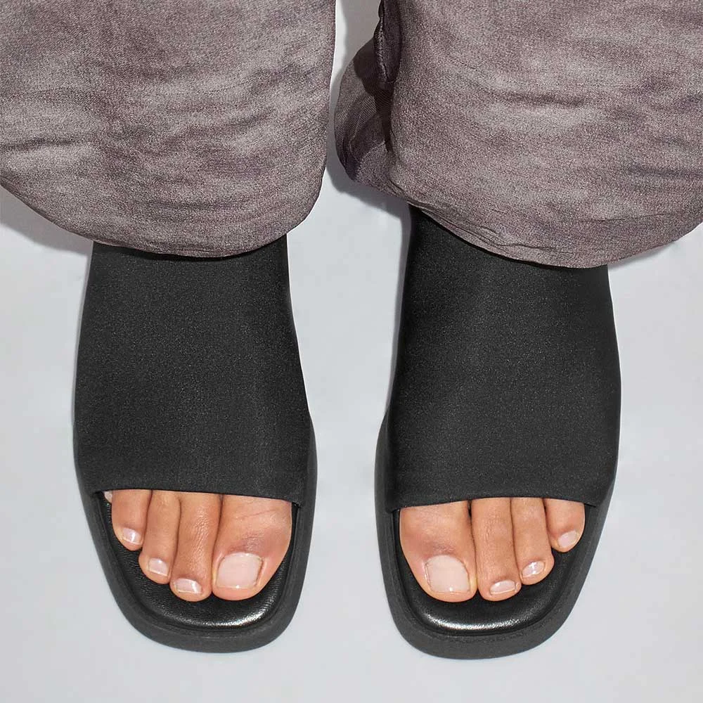 Black Lycra Open Toe Chunky Heel Platform Slip On Mule Shoes for Women