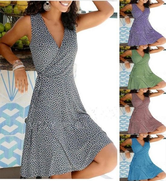 New Women Floral Print Sleeveless Dress Summer High Waist Midi Dress Beach Dress Plus Size - Chicaggo