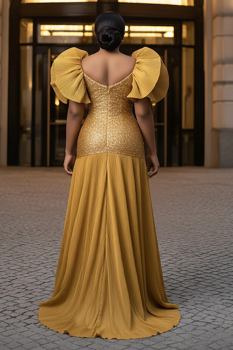 Square Neck Puff Sleeves Pleated Sequin Party Maxi Dresses-Gold