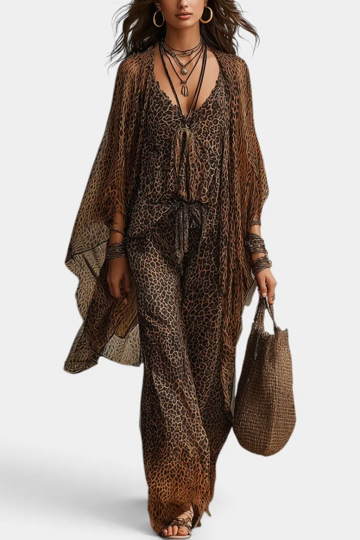 Leopard Print Cami, Trousers & Flowy Kimono Set