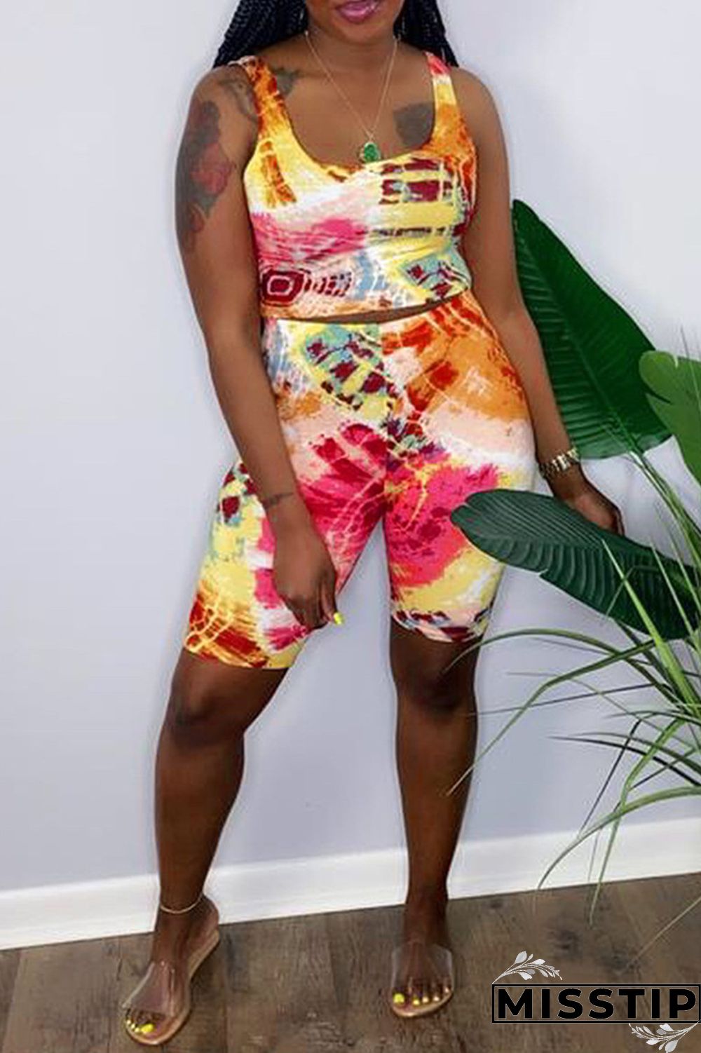 Colour Fashion Casual Tie Dye Printing U Neck Sleeveless Two Pieces