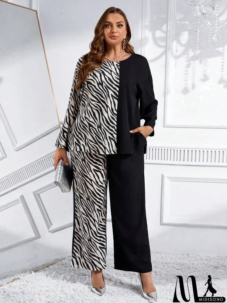 2pcs/Set Plus Size Solid Color Splice Long Sleeve Top And Pants Casual Suit