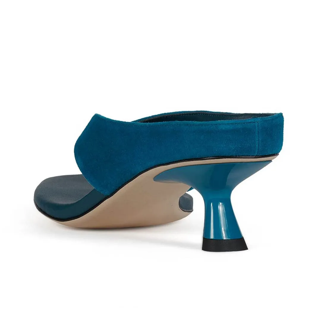 Blue Vegan Suede Patchwork Flip Flop Open Toe Spool Heeled Mules