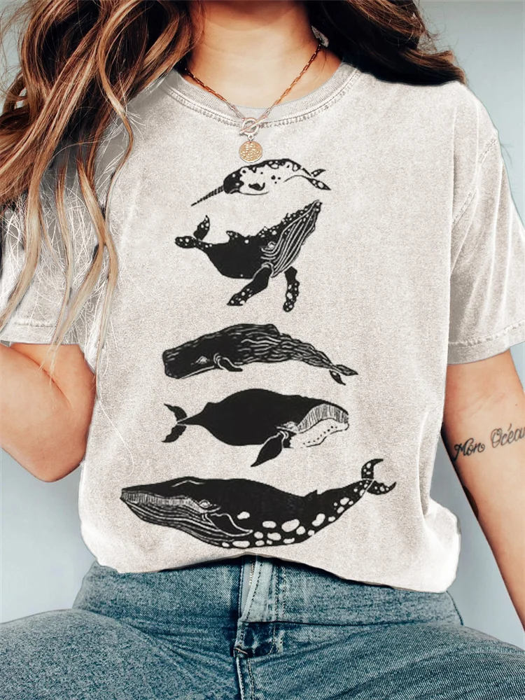 Species of Whales Japanese Lino Art Vintage T Shirt